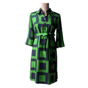 MILLY of New York Green Navy 100% Silk Shirt Dress Mod Geometric Belted Size 2